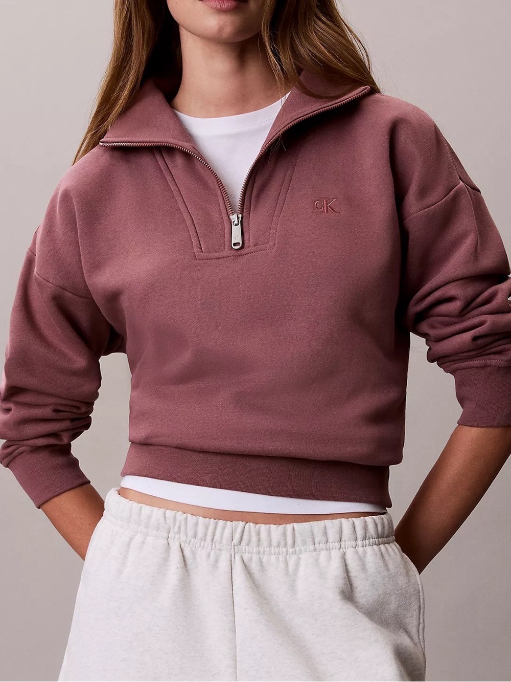 Calvin Klein Dusty Rose Half-Zip Cropped Sweatshirt